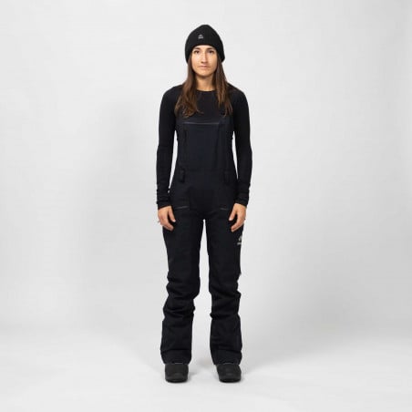 Jones Women's Shralpinist Stretch Recycled Bibs in the Stealth Black colorway.