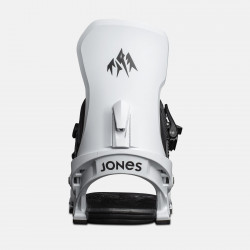 Jones Meteorite Snowboard Bindings featuring SkateTech, shown in white color, back view