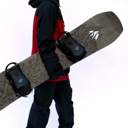 Jones Men’s Ultra Mountain Twin Snowboard detail shot with Jones bindings