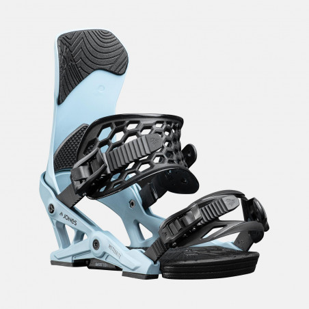 Jones Meteorite Snowboard Bindings featuring SkateTech, shown in Frosty Blue color, back view