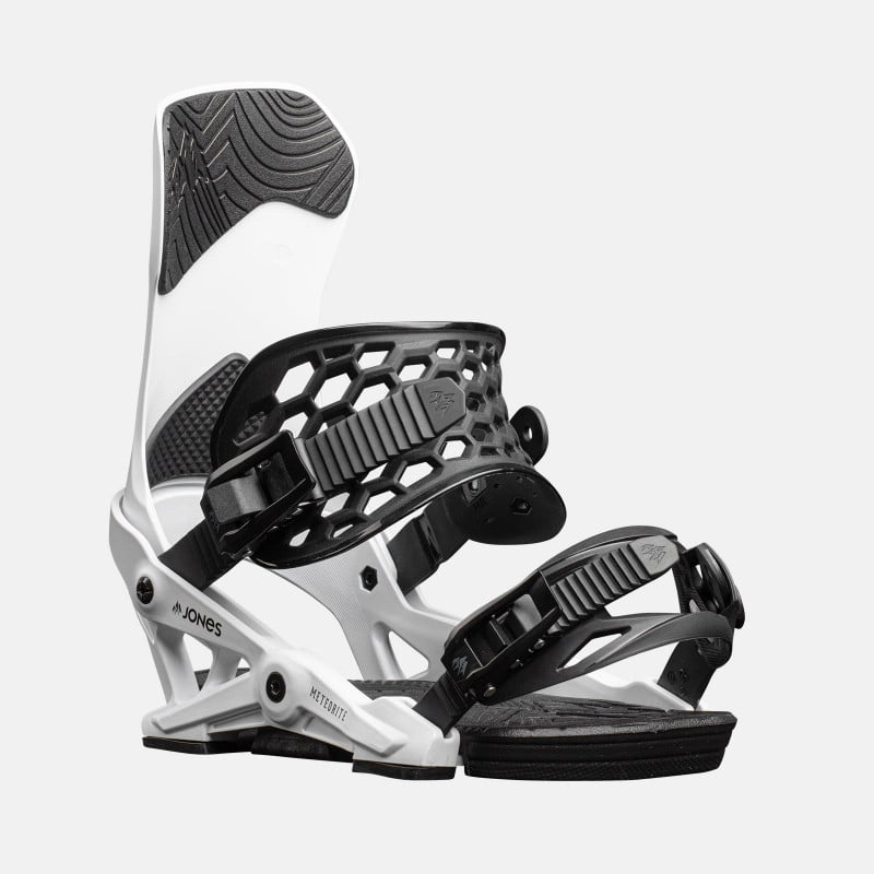 Jones Meteorite Snowboard Bindings featuring SkateTech, shown in Cloud White color, quarter front view