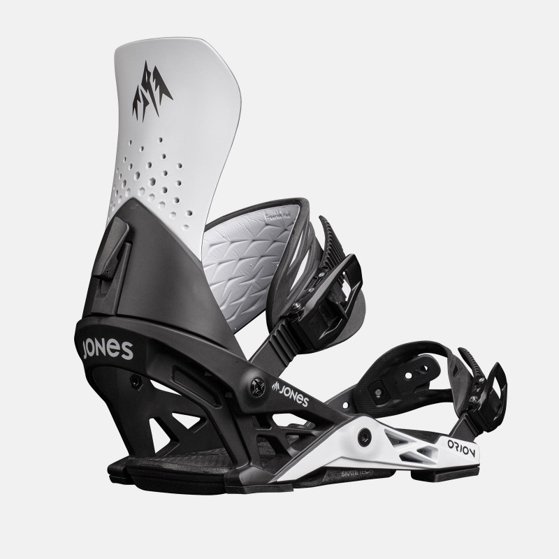 Jones Orion Snowboard Bindings featuring SkateTech, shown in White/Black color, quarter back view