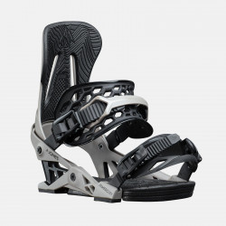 Jones Mercury Snowboard Bindings featuring SkateTech, shown in Earth Gray color, quarter front view